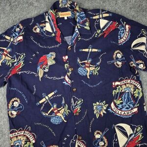 Margaritaville Jimmy Buffett Hawaiian Camp Shirt Volcano Lady Boat Drinks Large